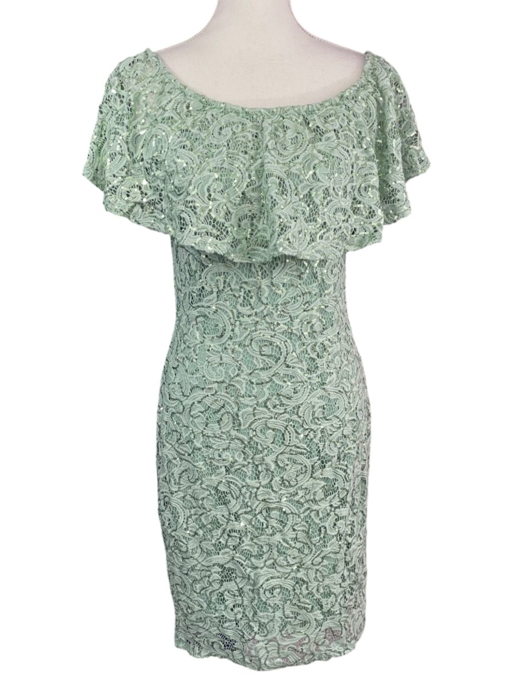 MARINA Sequin Lace Dress NEW 8 Seafoam Mint Green Off-Shoulder Ruffle Midi Tight
